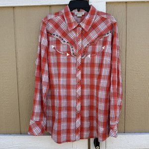 Ariat Orange Silver Plaid Pearl Snap Western Button Shirt Women's Size Medium